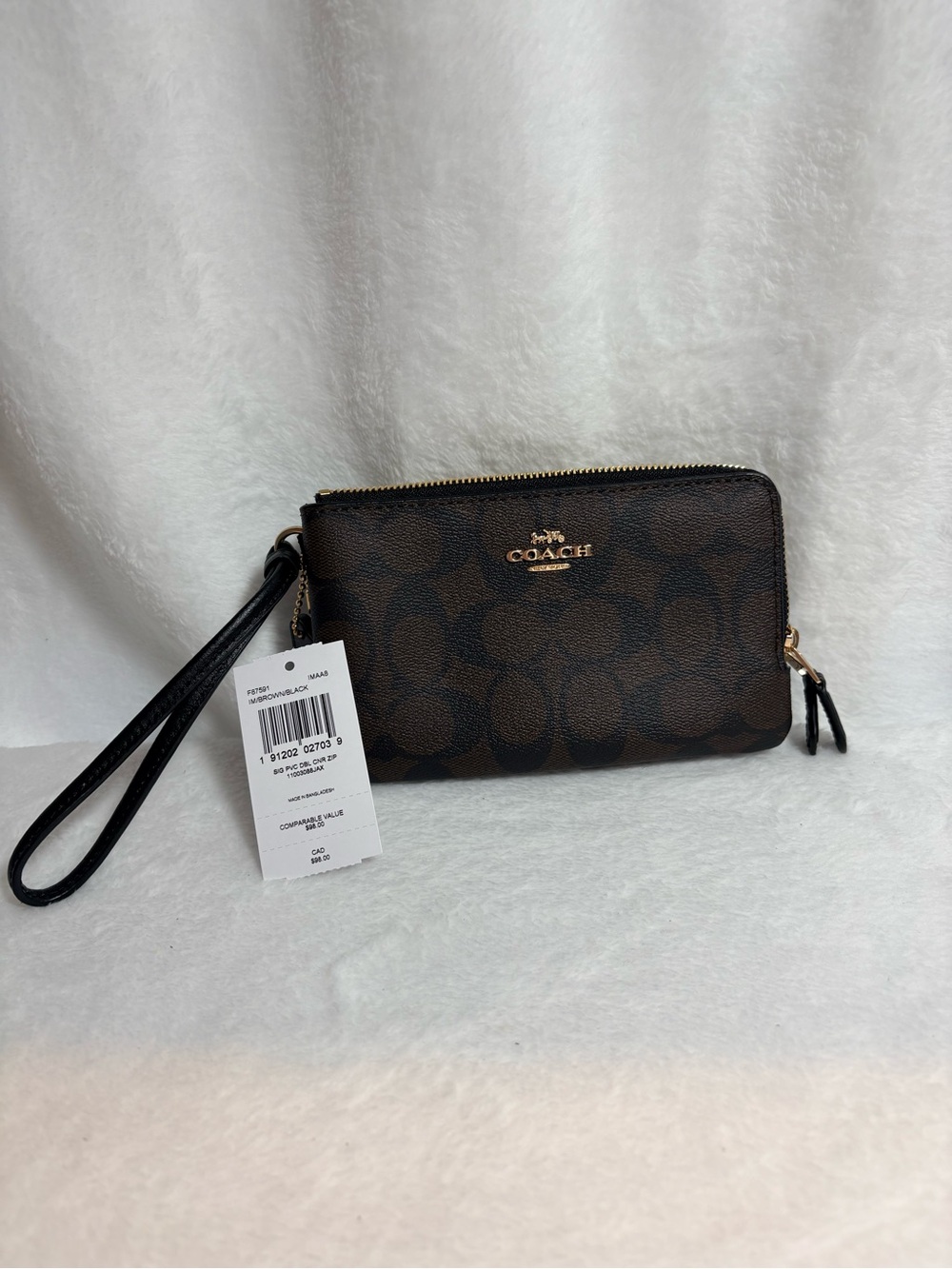 *NWT* COACH DOUBLE CORNER ZIP WRISTLET IN SIGNATURE CANVAS (Color: Brown/Black)